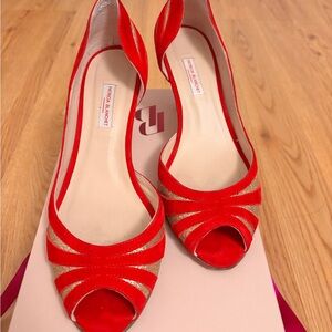 Chic Red and Gold Peep-Toe Heels